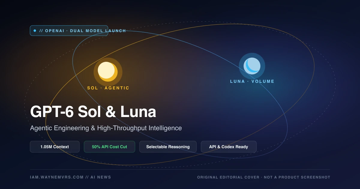 以日月雙星軌道與效能矩陣呈現 GPT-6 Sol 與 Luna 發布的原創編輯封面，並非產品截圖