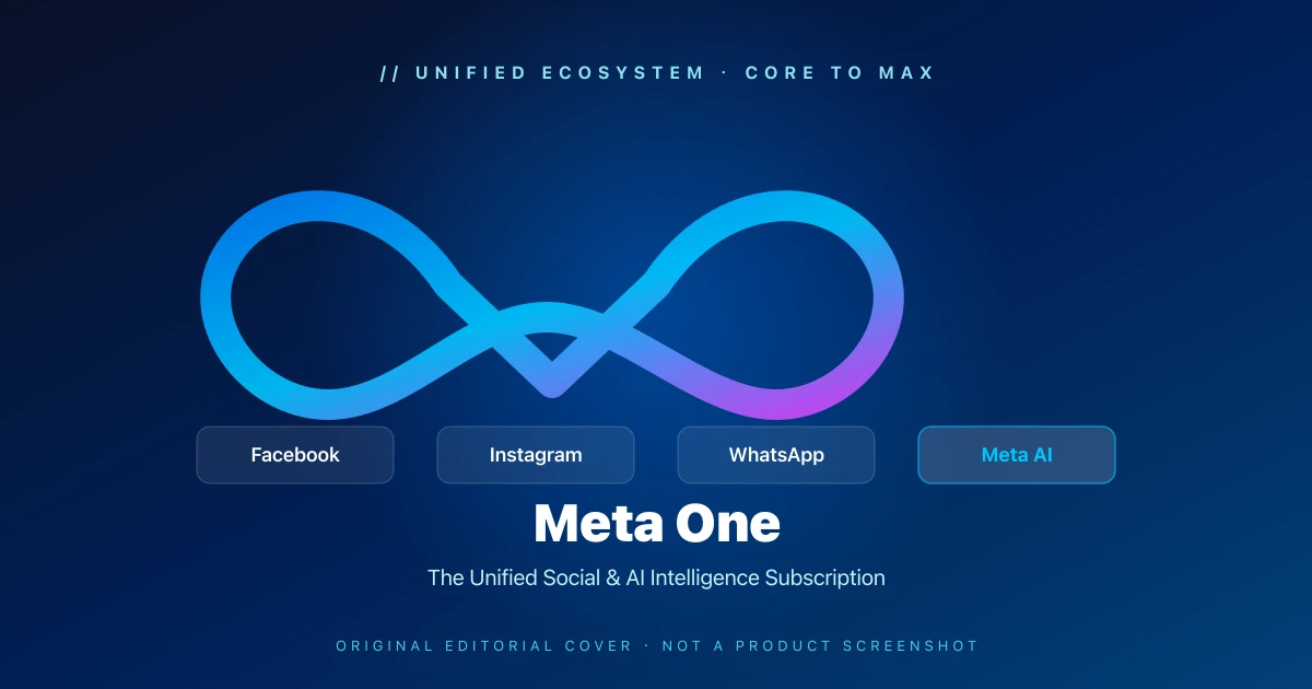 以 Meta 標誌藍漸層、四大多模態社群圖示與 AI 算力光環呈現 Meta One 訂閱方案的原創編輯封面，並非產品截圖